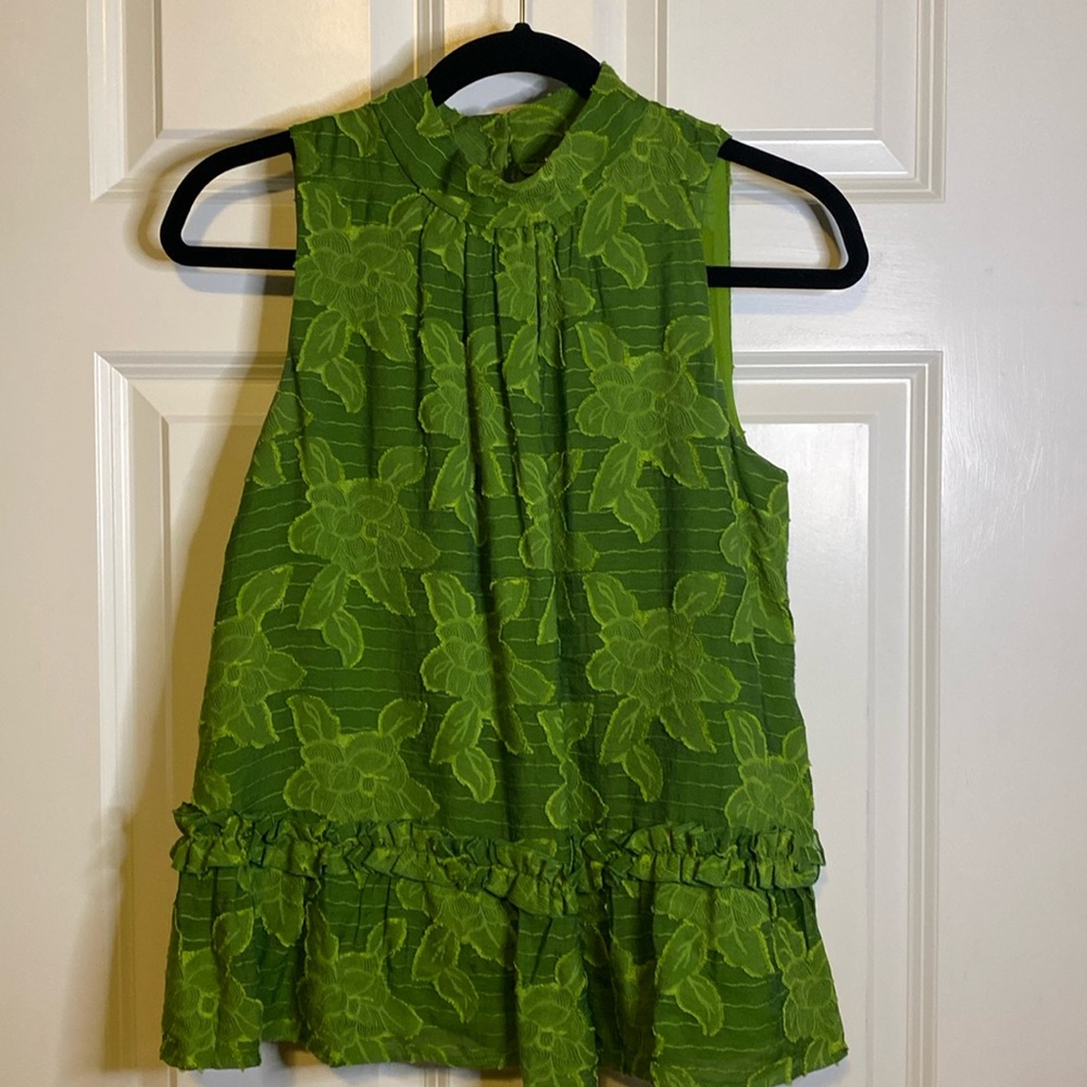 Anthropologie Maeve Savannah Sleeveless Mock Neck Swing Blouse Sz 2 Green Floral